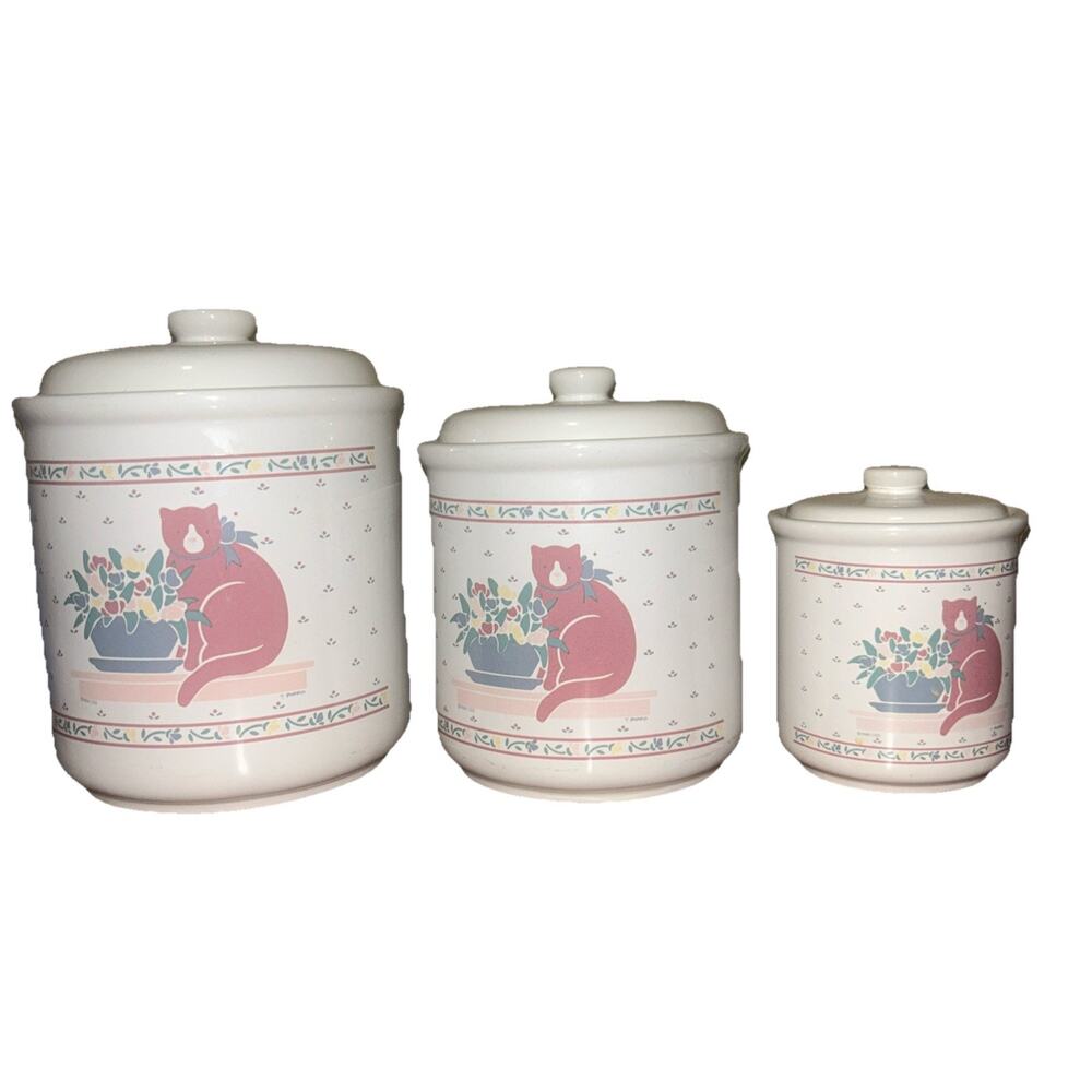 Vintage 1988 Le Chat By Vermillion Ceramic Canister Set Cat Pattern Floral
